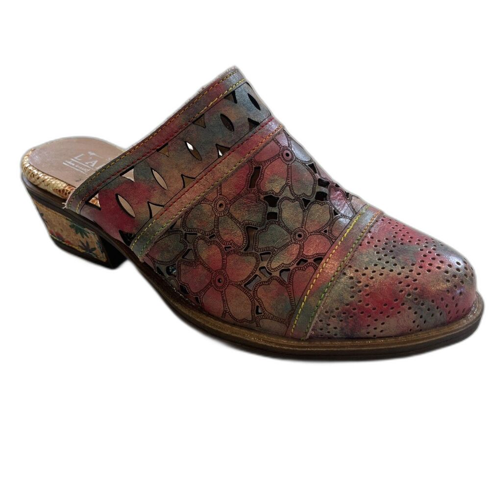 L'Artiste Spring Step Rosalinda Mules Multicolor Leather Floral Cutout  Size 38